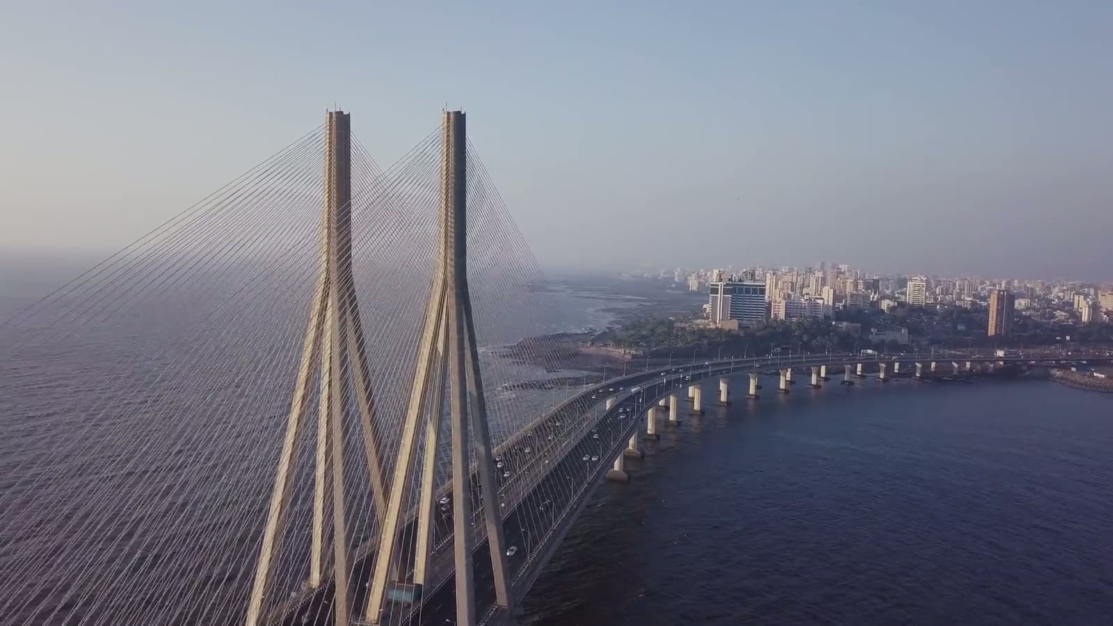 Sunset drone pass over the Bandra–Worli Sea Link