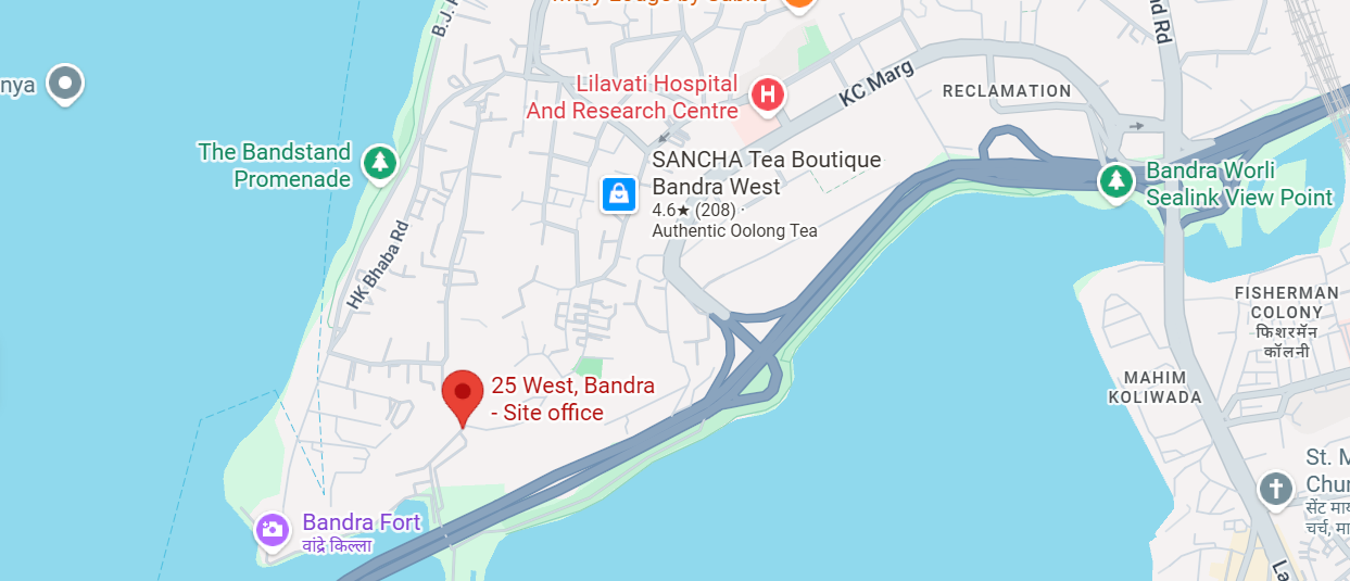 Location of 25 West at Mount Mary, Bandra West, with the coastal route to South Mumbai