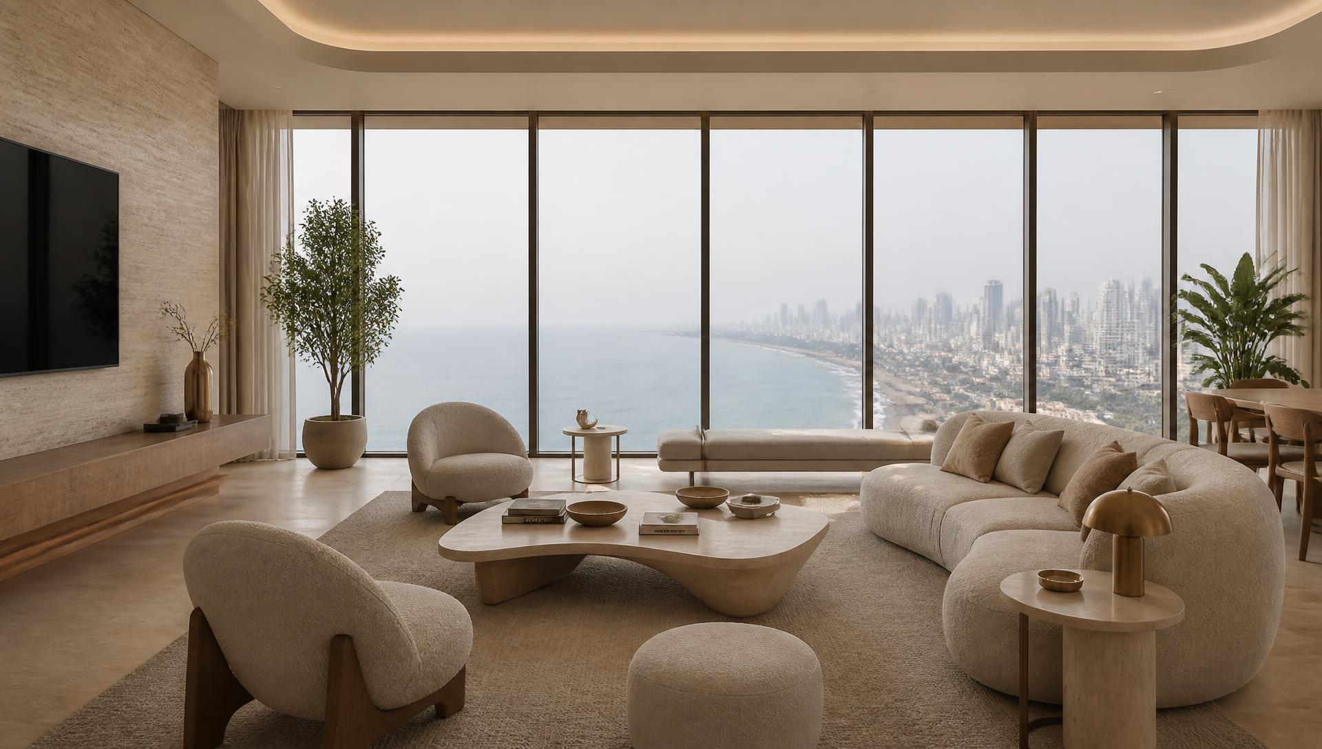 Double-height sea-facing salon with a sculptural staircase at 25 West