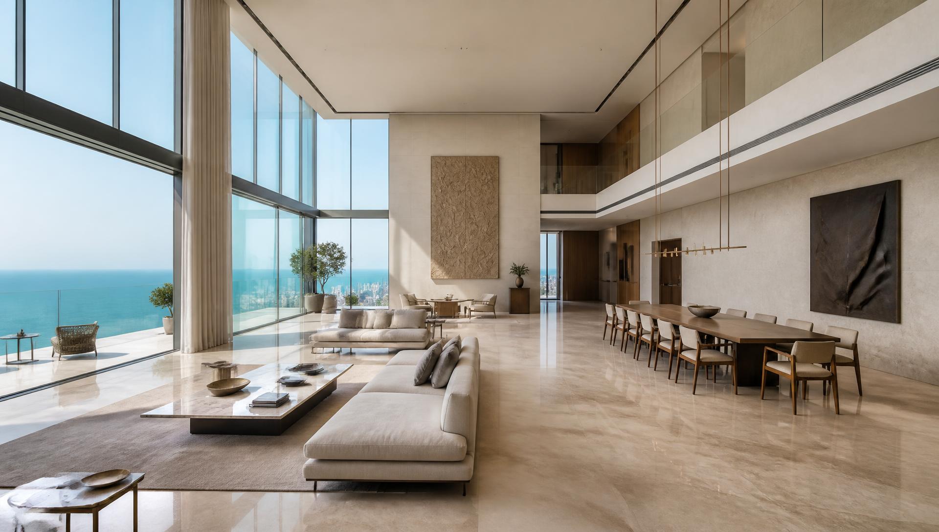 The four-bedroom residence interior, sea-facing living and dining space