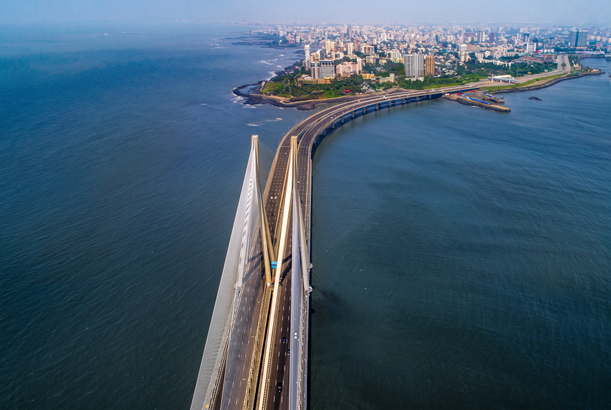 Aerial view across the Bandra Worli Sea Link and Mumbai coastline
